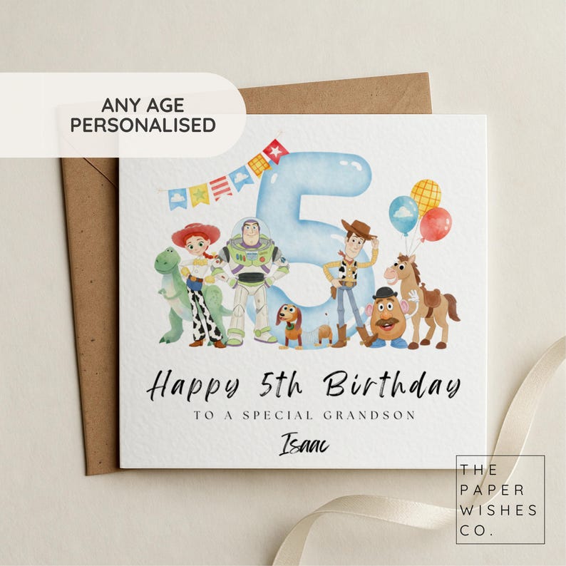 May include: A square birthday greeting card featuring a large blue number five, colorful bunting, and illustrations of Toy Story characters including Buzz Lightyear, Woody, Jessie, Rex, Slinky Dog, Mr. Potato Head, and Bullseye with balloons.