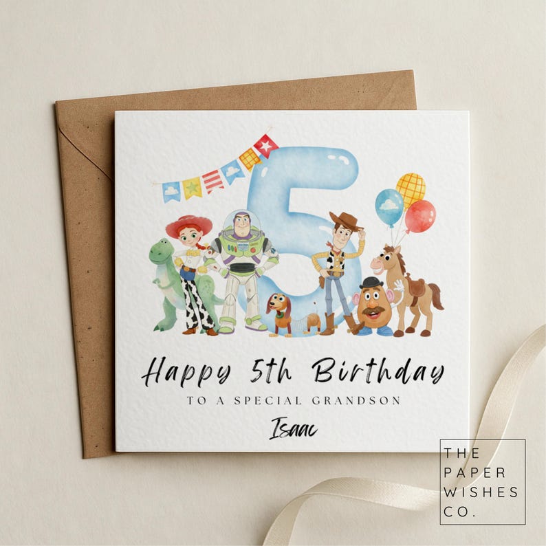 May include: A square birthday greeting card featuring a large light blue number 5, colorful bunting, and illustrations of Toy Story characters including Woody, Buzz Lightyear, Jessie, Rex, Slinky Dog, Mr. Potato Head, and Bullseye with balloons.