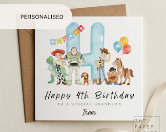May include: A square birthday greeting card featuring a large light blue number 4, colorful bunting, and Toy Story characters including Woody, Buzz Lightyear, Jessie, Rex, Slinky Dog, Mr. Potato Head, and Bullseye. Text reads Happy 4th Birthday to a special grandson Isaac.