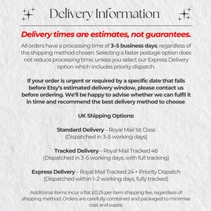 May include: A white informational graphic with black text titled Delivery Information. It outlines processing times of 3-5 business days, notes that delivery times are estimates, and details UK shipping options including Standard, Tracked, and Express.
