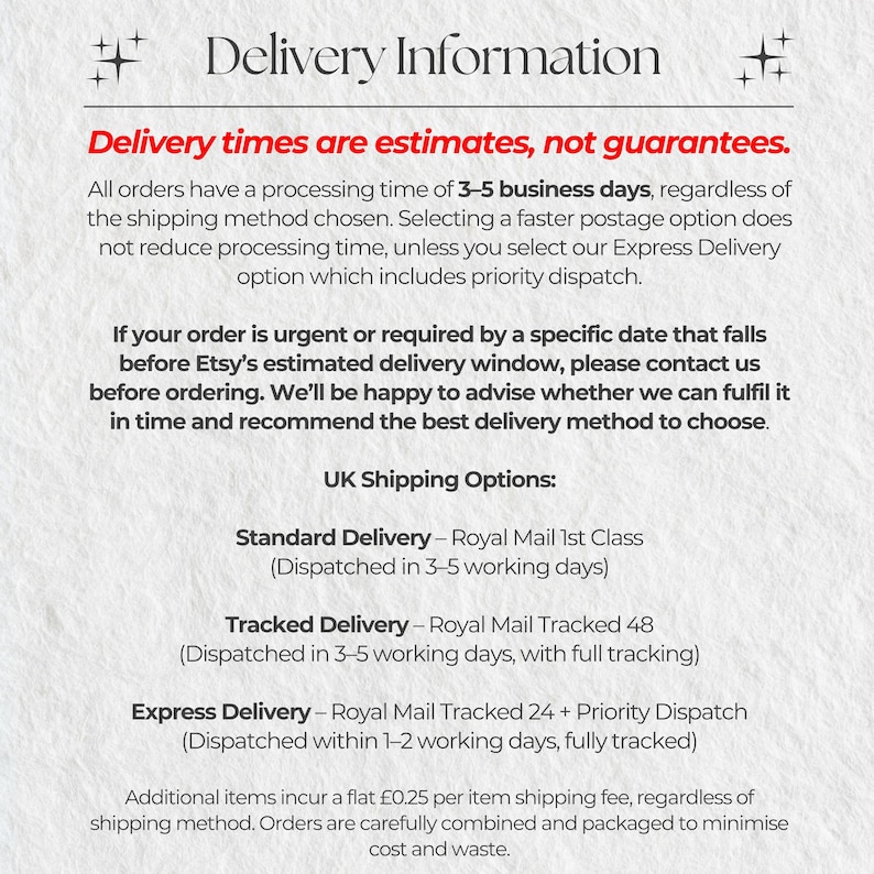May include: A white informational graphic with black text titled Delivery Information. It outlines processing times of 3-5 business days, notes that delivery times are estimates, and details UK shipping options including Standard, Tracked, and Express.