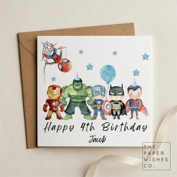 Personalised 4th Birthday Superhero Card – Custom Name Card for 4 Year Old