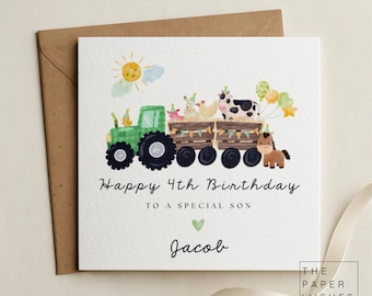 May include: A square birthday greeting card featuring a watercolor illustration of a green tractor pulling a wagon filled with farm animals wearing party hats. The text reads Happy 4th Birthday TO A SPECIAL SON and the name Jacob.