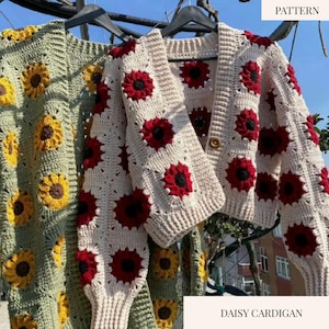 Crochet Daisy Cardigan Pattern, Boho Sunflower Retro Flower (Digital Download)