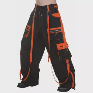 Men&#39;s Gothic Rave Cargo Pants – Black & Orange Cyber Punk Trousers | Utility Pockets | Streetwear Techwear Unisex Rave Pants, Festival Gear