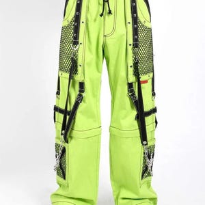 Cyberpunk Neon Green Rave Pants – Unisex Techwear Chain Trousers, Y2K Grunge Streetwear, Festival Cargo Pants with Straps and Mesh