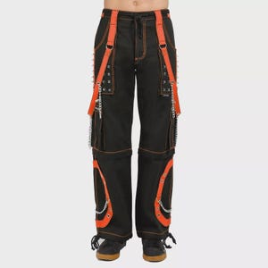 Black Orange Gothic Bondage Pants | Unisex Punk Techwear Rave Trousers with Chains, Straps, Pockets | Cyber Streetwear Pants