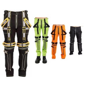 Cyberpunk Rave – Men Techwear Bondage Trousers with Straps & Zippers –Goth Industrial Festival Pants,Neon Green Black,Orange,Yellow Trousers