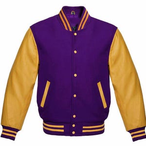 Men&#39;s Varsity Letterman Jacket – Purple Wool Blend Bomber | Yellow Leather Sleeves | Retro Baseball College Style