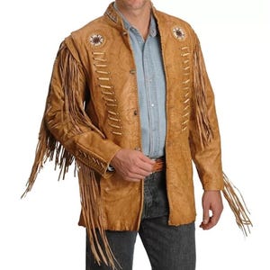 Men’s Brown Leather Western Jacket – Cowboy Fringe & Beaded Style – Real Leather Rodeo Festival Coat