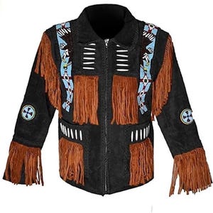 Suede Leather Black Western Fringe Jacket: Cowboy Style Beaded Coat