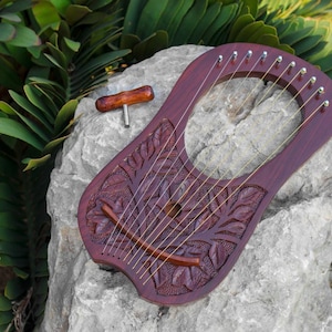 10-String Carved Lyre Harp | Solid Rosewood Celtic Lyre with Free Bag, Tuning Key and Extra Strings