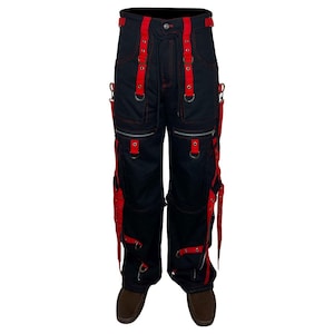 Gothic Black Chain Pants Cyberpunk Tripp Style Pants with Red Straps & D-Ring Accent Alternative Rave Streetwear