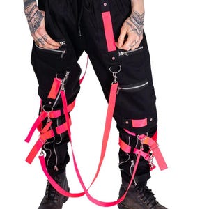 Black Pink Bondage Pants with Chains & Straps | Unisex Punk Rave Techwear Trousers | Cyber Goth Streetwear Alternative Festival Pants