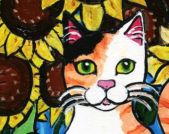Folk Art Cat Painting of A Calico Cat and an Orange Tabby, Friends and Sunflowers