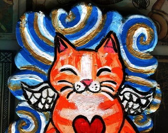 Handmade Clay Tile Wall-hanging, Folk Art Orange tabby Cat