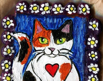 Handmade Clay Tile Wall-hanging, Folk Art Calico Cat