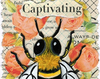 Greeting Card, Hand Painted, Bumble Bee  Original Collage Art,  Blank Inside