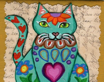 Mexican Talavera Cat Tile, KimbasCritters,  Folk Art Ceramic Tile, Collage, Yellow Ochre