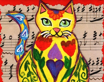 Mexican Talavera Cat Tile, KimbasCritters,  Folk Art Ceramic Tile, Collage, red