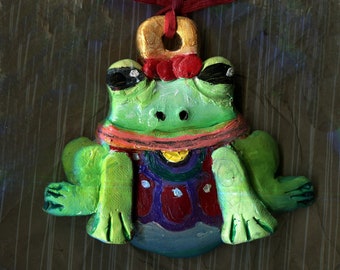 Talavera Frog Handmade Clay Christmas Ornament, Whimsical Mexican Folk Art Christmas Decoration