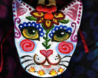 Mexican Folk Art Talavera Style White Cat Christmas ornament