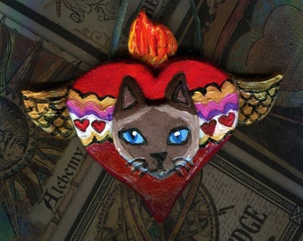 Mexican Folk Art, Heart Milagro with Siamese Cat Face, Handmade Clay wall Hanging