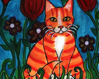 Folk Art Cat Watercolor Painting