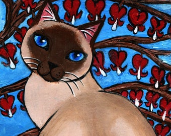 Folk Art Painting of A Siamese  and Bleeding Heart Flowers, Cat Art Wall Décor