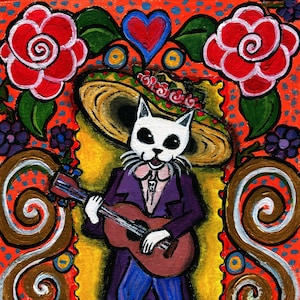 Tag der Toten Katze Malerei.  Dia de los Muertos, Mexikanischer Folk Art Stil Wandkunst, Bunte KatzenKunst für Ihr Zuhause, Halloween Art