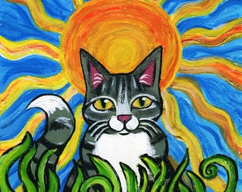 Folk Art Cat Painting,  Grey Striped Kitty Cat loves Beets under a Big Giant Sun :)