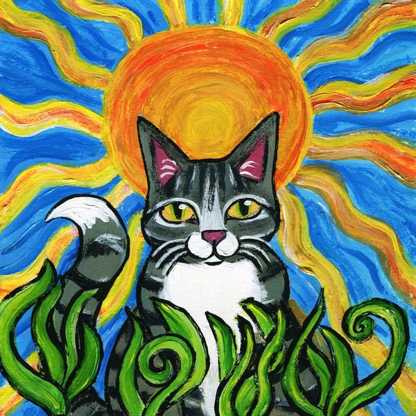 Folk Art Cat Painting,  Grey Striped Kitty Cat loves Beets under a Big Giant Sun :)