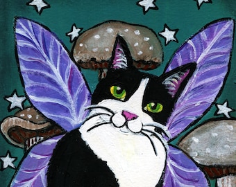 Folk Art Painting of a Cute Tuxedo Cat Fairy, 6x9 inches