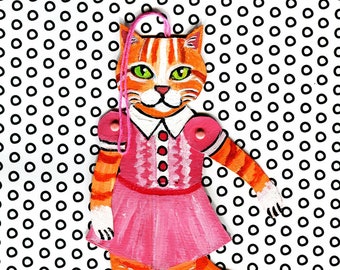Pretty Orange Kitty Cat Paper Doll. One of a kind, Unique Wrapping Décor, Art Doll, Cat in Pink Dress