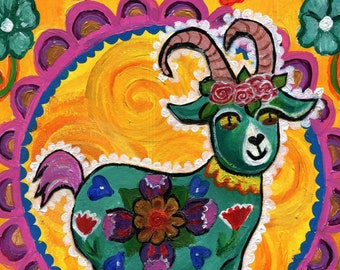 Mexican Folk Art, Talavera Goat Painting 9x12 Original Acrylic