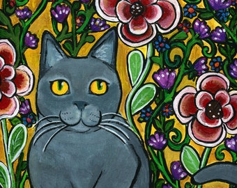 Folk Art Gray Cat with wild flowers , Original Acrylic Painting 9x12