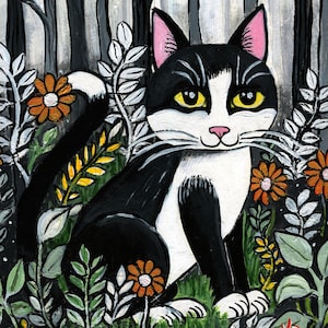 Original Folk Art  Cat Painting, Acrylic 9x12, Tuxedo Cat