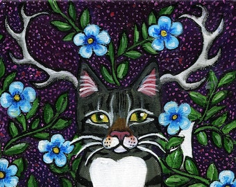 Original Folk Art Painting of  Cute Gray Tabby Cat with Antlers