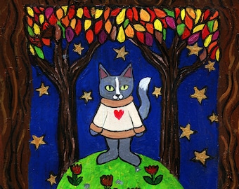 Folk Art Painting of a Gray Kitty in a Sweater, 8x10 Original Acrylic