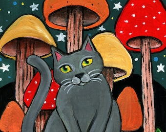 Colorful Folk Art Painting of a Mushroom Loving Cat  8x10