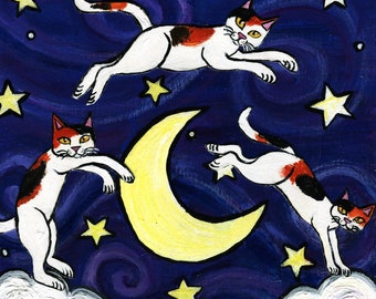 Folk Art Painting Calico Cats Jumping Over The Moon, Whimsical Wall Art