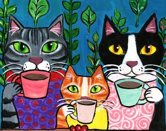 Original Folk Art Painting, Cats drinking Coffee 9x12 Original Acrylic, Wall Art