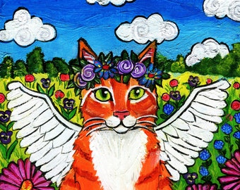 Original Folk Art Painting of an Orange Tabby Cat Angel in a flower crown, acrylic Wall Décor 8x10