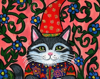 Original  Folk Art Painting of a Kitty Cat Gnome,  acrylic on paper, Wall Décor 8x10