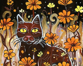 Original Folk Art Painting of a Pretty Brown Cat ,  acrylic on paper, Wall Décor 8x10
