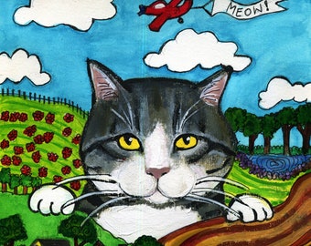 Original Folk Art Painting of Cat and little Town , Watercolor and acrylic Wall Décor 8x10