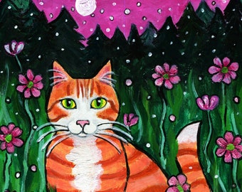 Original Folk Art Painting of a Pretty Orange Cat with pink flowers ,  acrylic on paper, Wall Décor 8x10