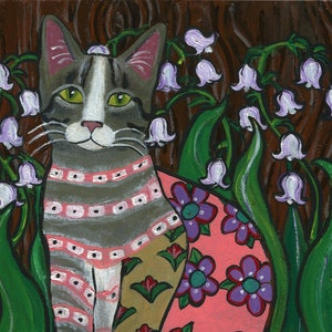 Original Mexican Folk Art Painting,  Talavera Tile Style Cat with Lily of the Valley Flowers   8x10