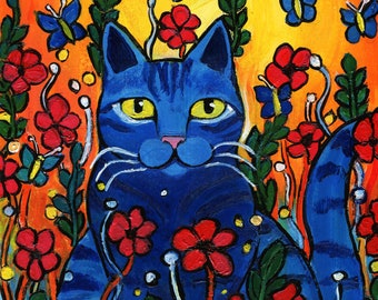 Original Folk Art Painting of a Pretty Blue Cat ,  acrylic on paper, Wall Décor 8x10