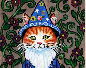 Original  Folk Art Painting of a Kitty Cat Gnome,  acrylic on paper, Wall Décor 8x10